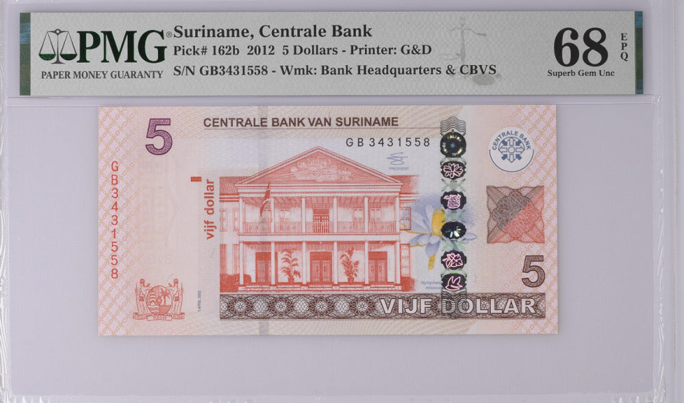 Suriname 5 Dollars 2012 P 162 b Superb Gem UNC PMG 68 EPQ Top Pop