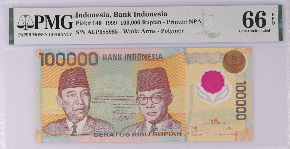 Indonesia 100000 Rupiah 1999 P 140 Polymer Gem UNC PMG 66 EPQ