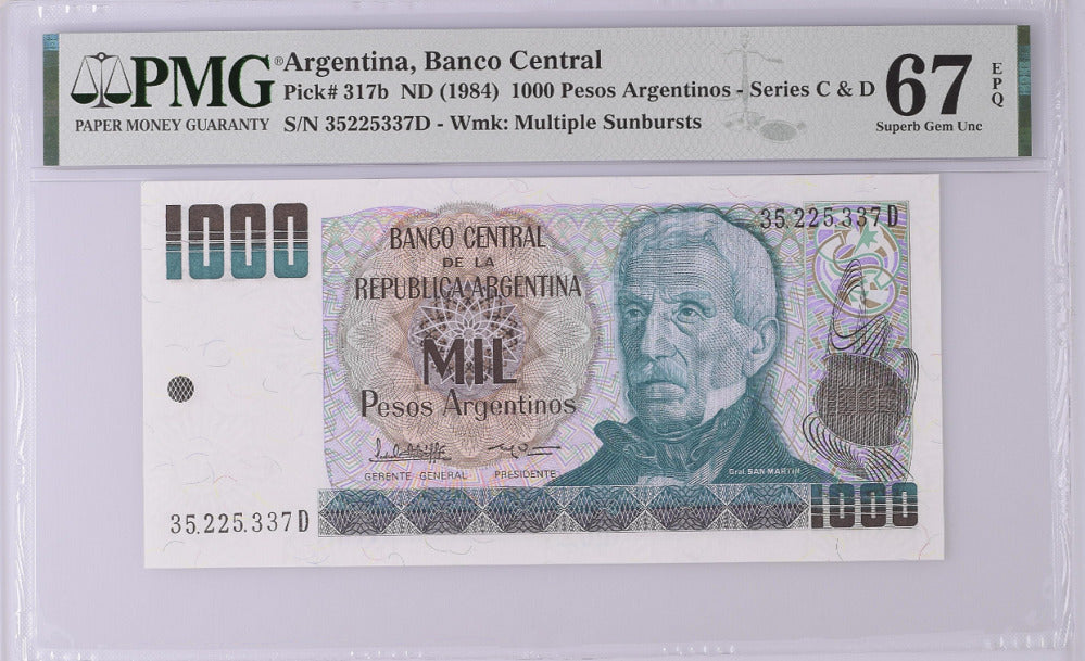 Argentina 1000 Pesos Argentinos ND 1984 P 317 b Superb Gem UNC PMG 67 EPQ