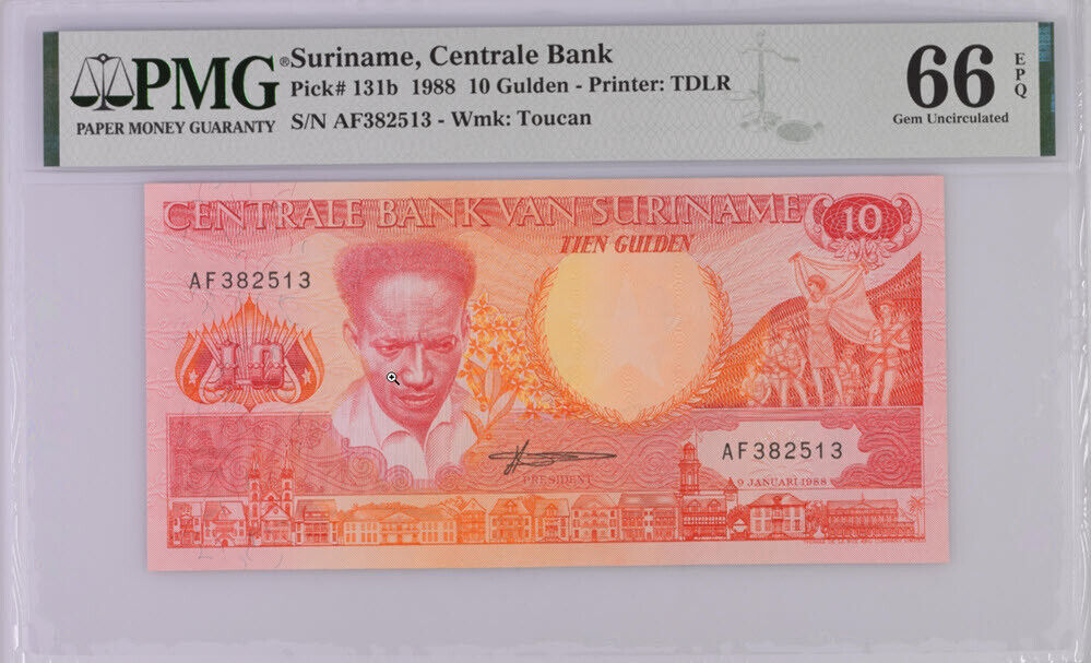 Suriname 10 Gulden 1988 P 131 b Gem UNC PMG 66 EPQ