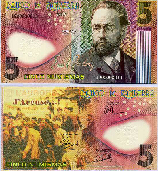 KAMBERRA 5 NUMISMAS 2019 PRIVATED ISSUED EMILE ZOLA NEW DATE SECURITY FEATURES