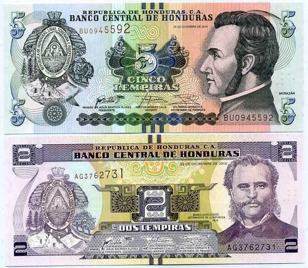 Honduras Set 2 Pcs 2 5 Lempiras Random Year P 97 98 UNC