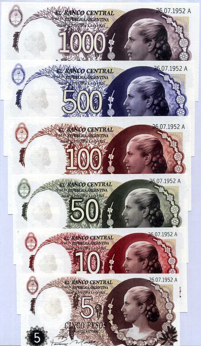 ARGENTINA SET 6 PCS 5 10 50 100 500 1000 PESO FANTASY MONEDA NACIONAL EVA PERON