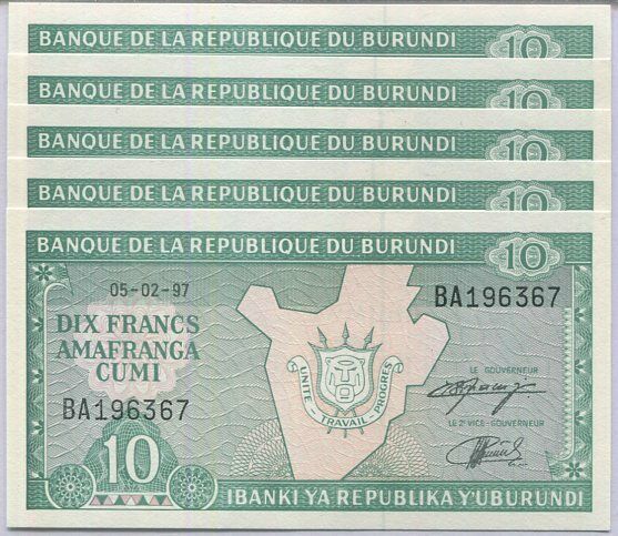BURUNDI 10 FRANCS 1997 P 33 UNC Lot 5 PCS