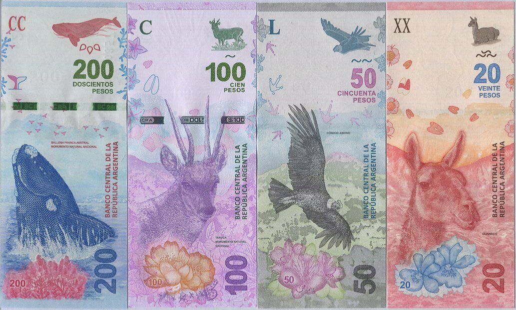 ARGENTINA SET 4 PCS 20 50 100 200 PESOS 2017 2018 2019 P 361 363 363Aa UNC