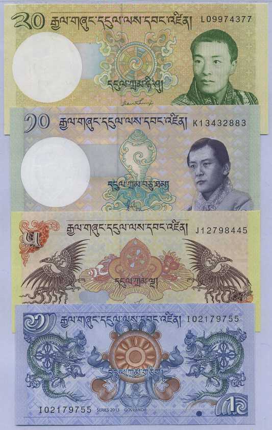 Bhutan Set 4 Pcs 1 5 10 20 Ngultrum Mixed Year P 27 28 29 30 AUnc