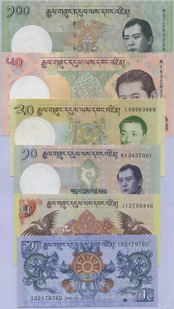 BHUTAN SET 6 PCS 1 5 10 20 50 100 NGULTRUM Random Date P 27 28 29 30 31 32 UNC