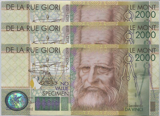 Da La Rue Leonardo Davinci 2000 SPECIMEN NO S/N TEST ADVERTISING NOTE Lot 3 Pcs