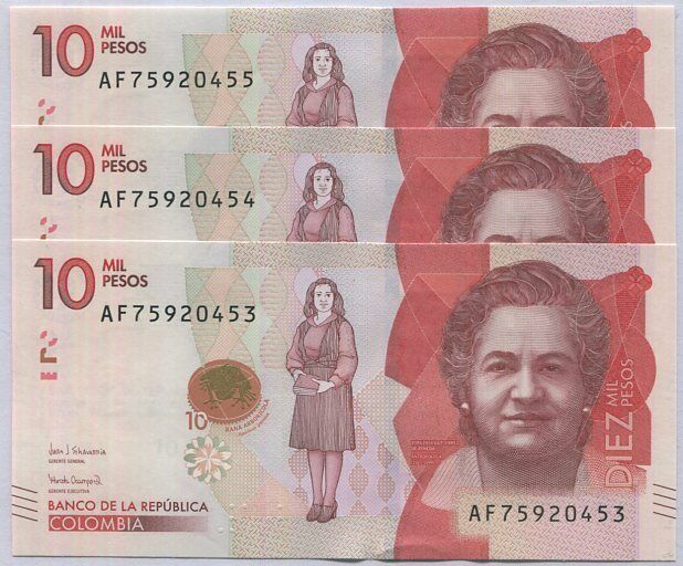Colombia 10000 Pesos 2018/2020 P 460 UNC Lot 3 PCS