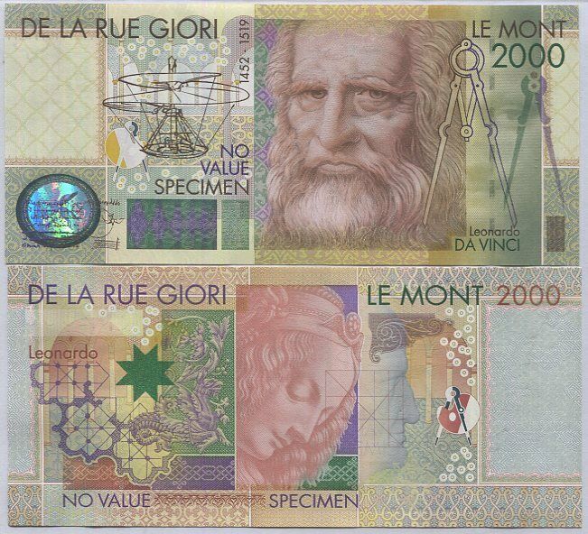 Da La Rue Giori Leonardo DA VINCI Le Mont 2000 Specimen NO S/N TEST NOTE
