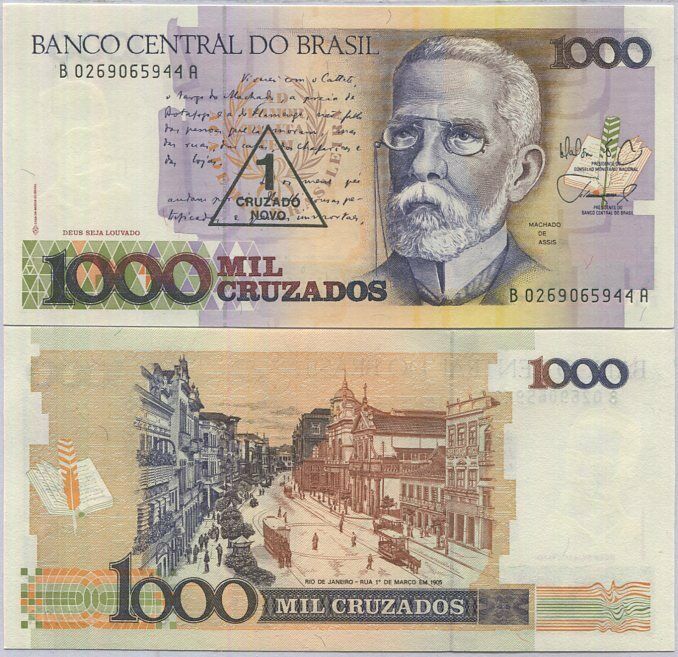 Brazil 1 C.N on 1000 Cruzados ND 1989 P 216 b UNC