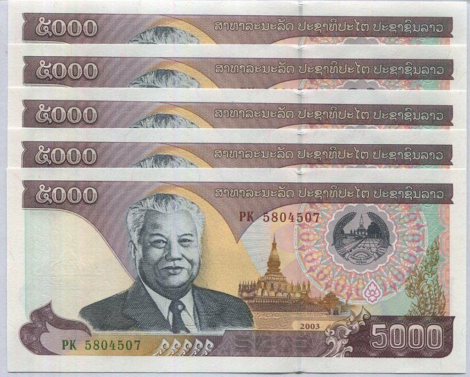 Laos 5000 Kip 2003 P 34 UNC LOT 5 PCS
