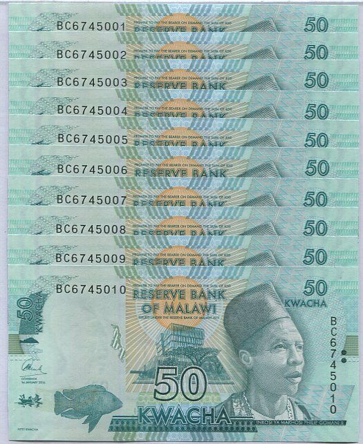 Malawi 50 Kwacha 2016 P 64 c UNC Lot 10 PCS