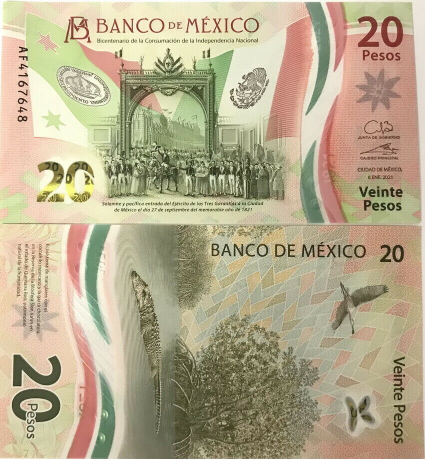 Mexico 20 Pesos 2021 P 136 Polymer Comm. Random Date & Signature UNC