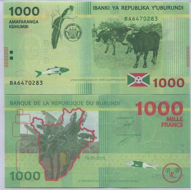 BURUNDI 1000 FRANCS 2015 P 51 UNC