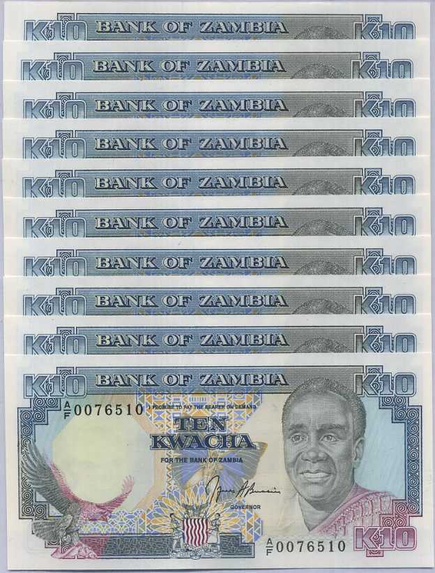 Zambia 10 Kwacha 1989-1991 P 31 Random Sign UNC Lot 10 PCS