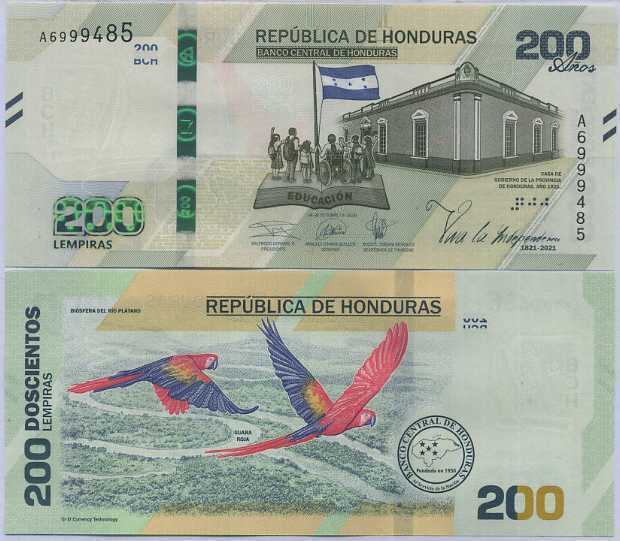 Honduras 200 Lempiras 2019 / 2021 P 105 Bird Commemorative Independence UNC