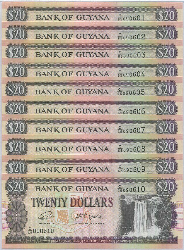 Guyana 20 Dollars ND 2018/2020 P 30 g UNC Lot 10 PCS