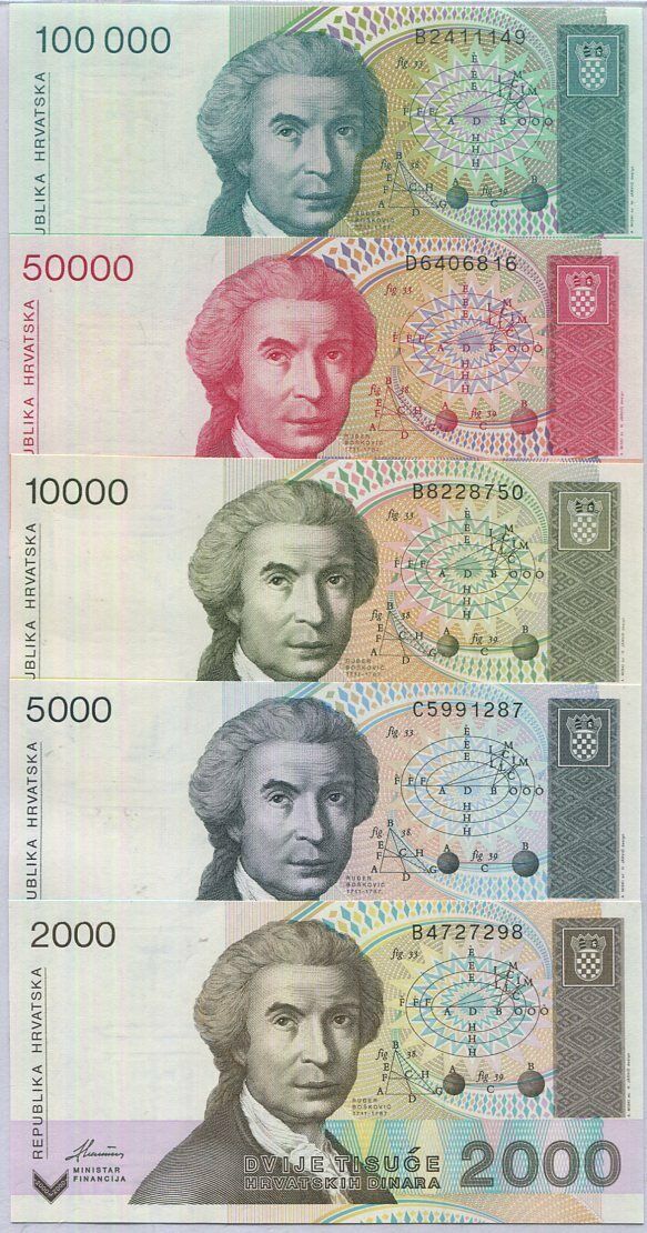 Croatia SET 5 Pcs 2000 5000 10000 50000 100000 Dinara 1992 P 23 24 25 26 27 UNC