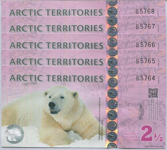 Arctic Territories 2.5 Dollar 2013 Polymer Polar Bear UNC LOT 5 PCS