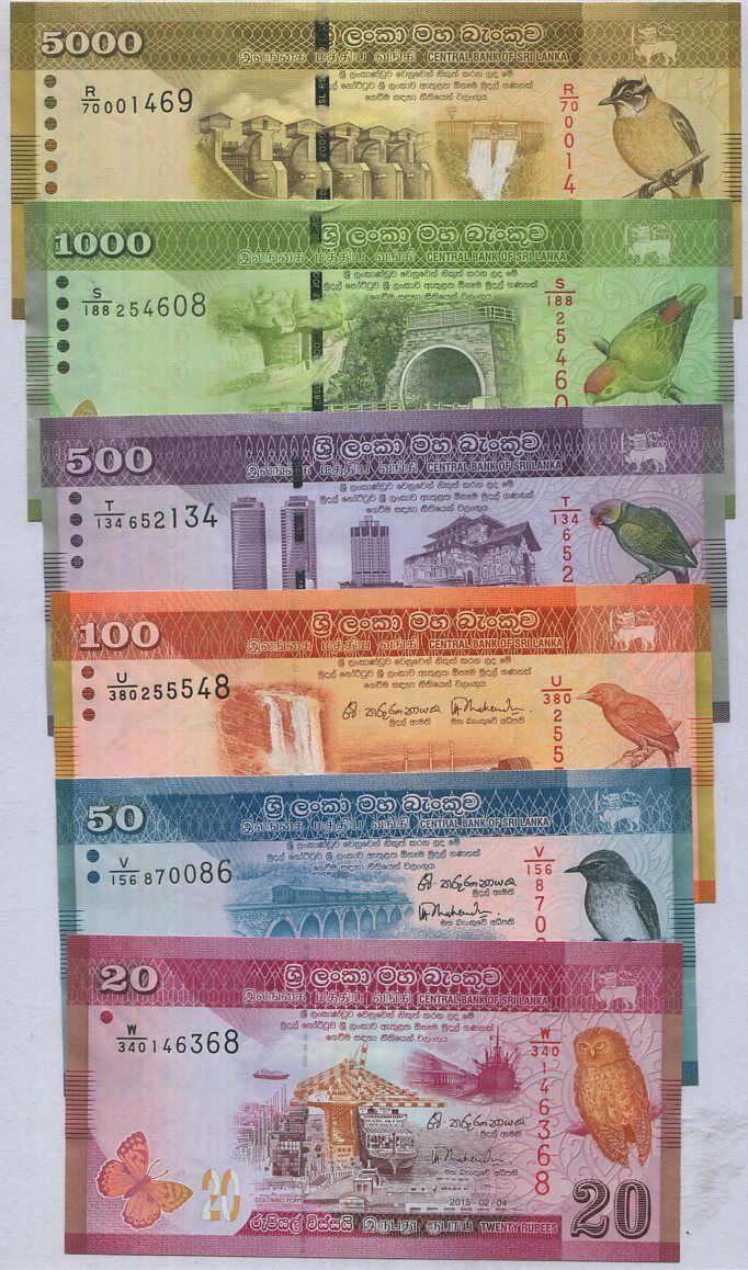 SRI LANKA SET 6 UNC 20 50 100 500 1000 5000 RUPEES Random P 123 124 125 126-128
