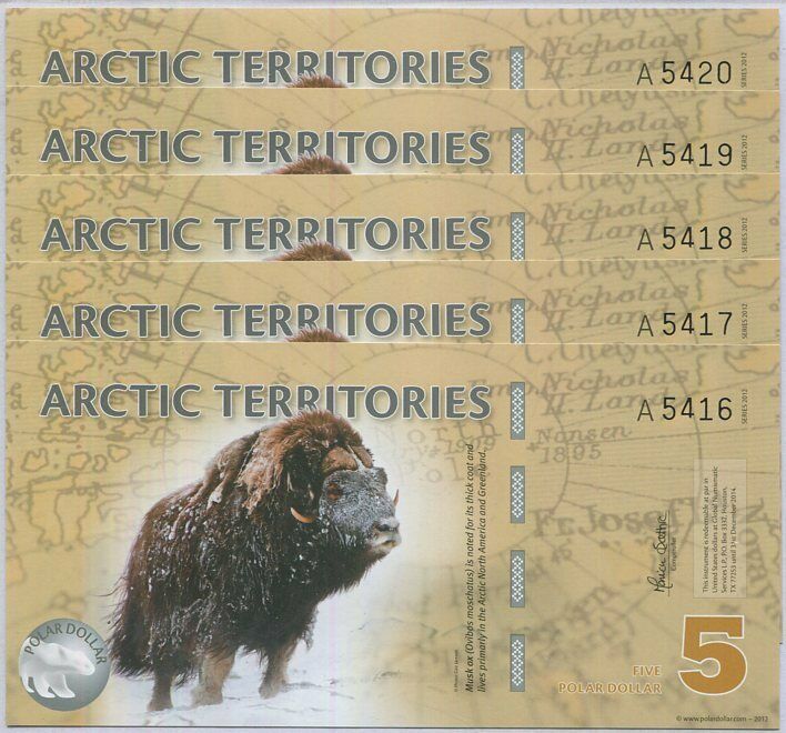 ARCTIC TERRITORIES 5 DOLLARS 2012 POLYMER MUSK UNC LOT 5 PCS