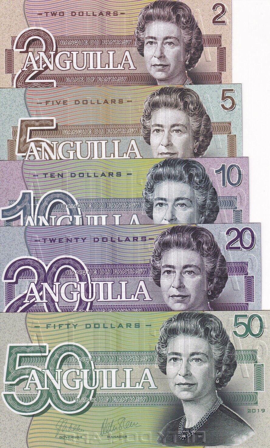 ANGUILLA Island set 5 FANTASY 2 5 10 20 50 Pounds 2019 QE II Bird