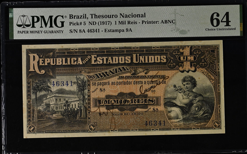Brazil 1 Mil Reis ND 1917 P 5 Choice UNC PMG 64