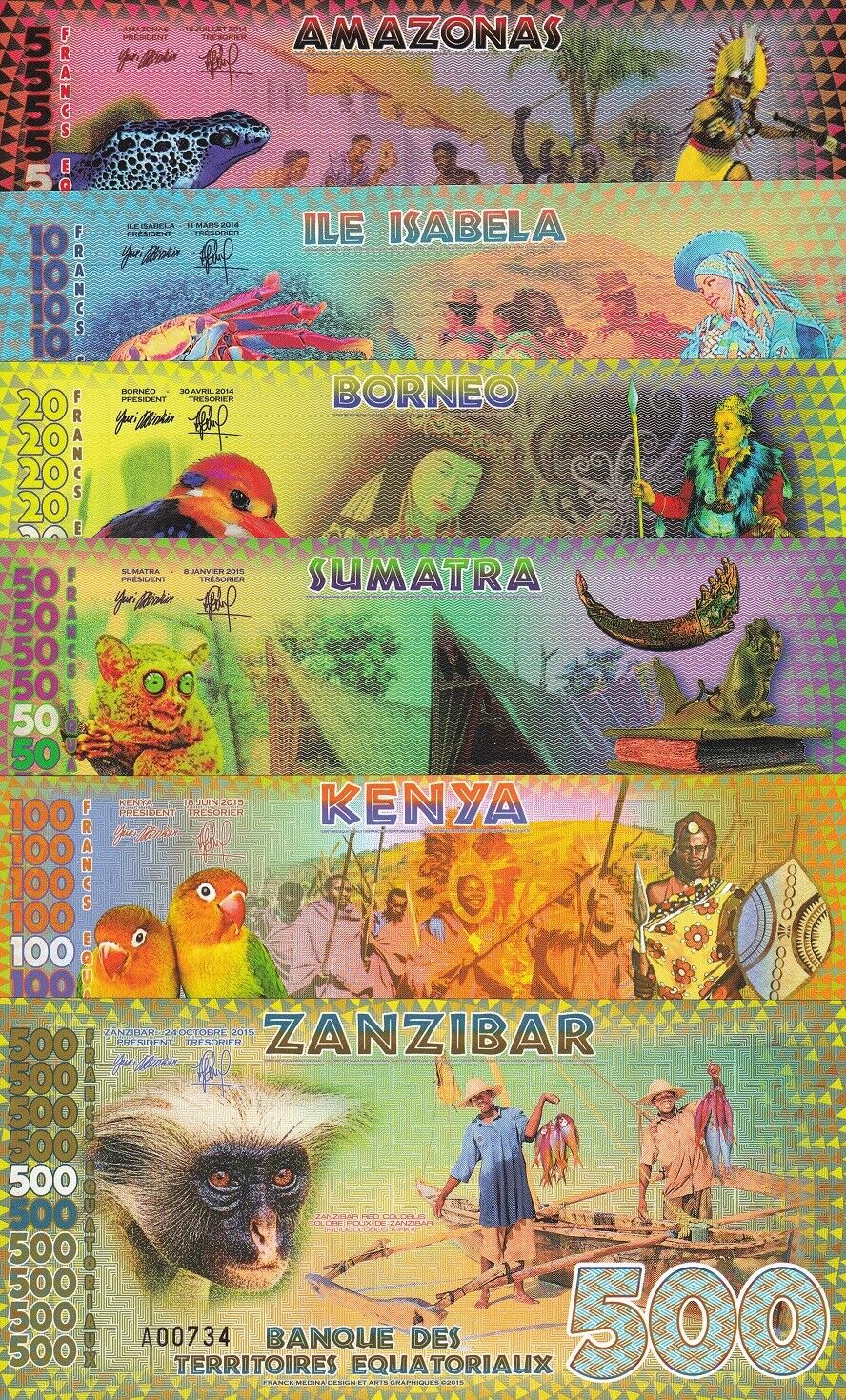 Equatorial Territories Set 6 PCS 5 10 20 50 100 500 Francs 2014-2015 Fantasy