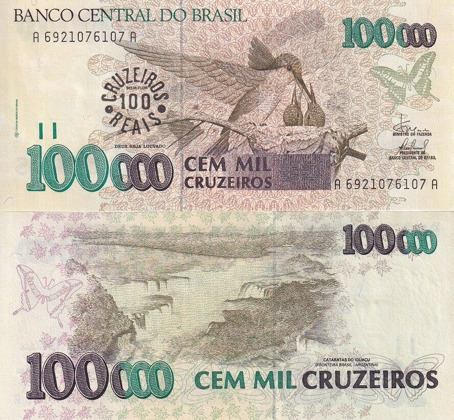 Brazil 100 Cruzeiros on 100000 ND 1993 P 238 UNC