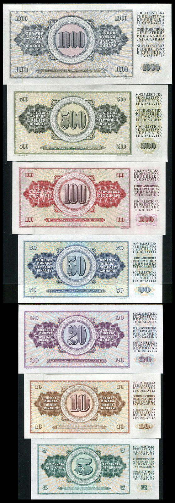 Yugoslavia Set 7 Pcs 5 10 20 50 100 500 1000 DINARA RANDOM DATES AUnc