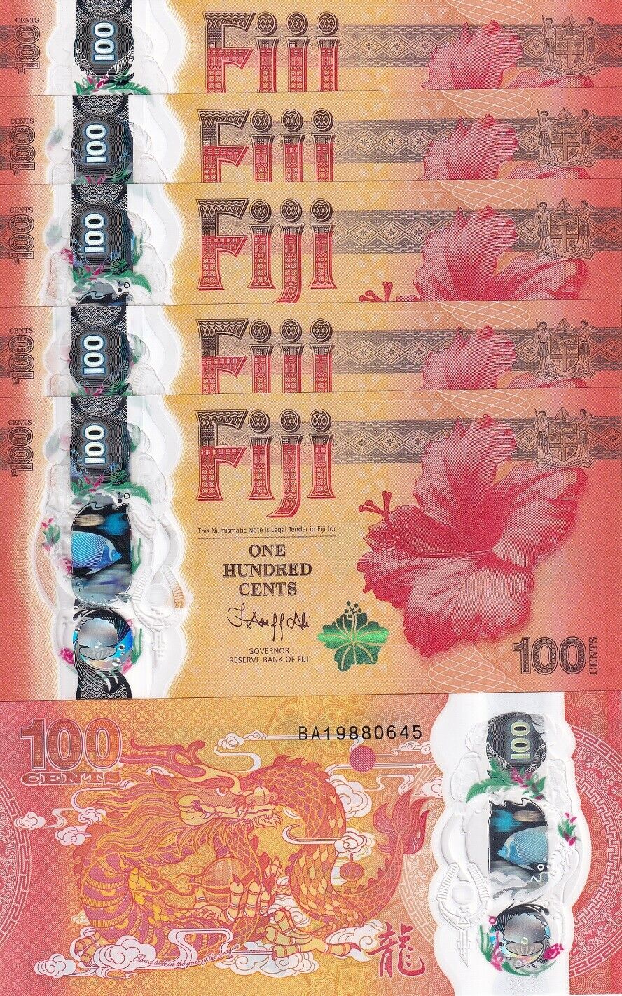 Fiji 100 Cents 2023 Commemorative Dragon P 124 new Polymer LOT 5 UNC