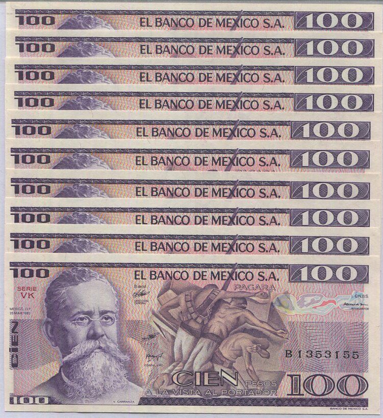 Mexico 100 Pesos 1982 P 74 AUnc lot 10 PCS