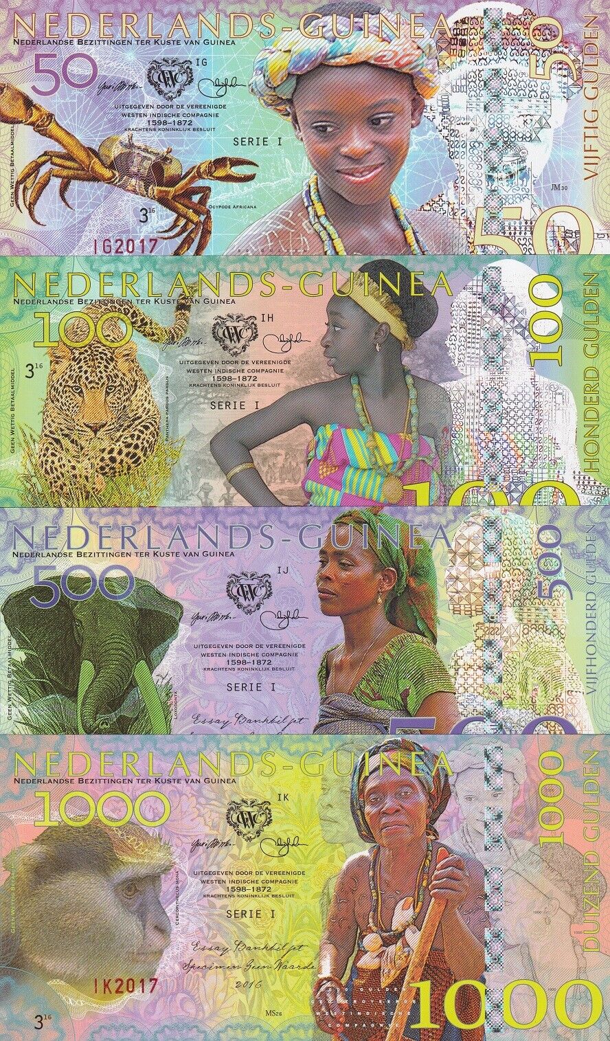 Netherlands Guinea (Ghana) Set 4 PCS 50 100 500 1000 Gulden 2016 Fantasy