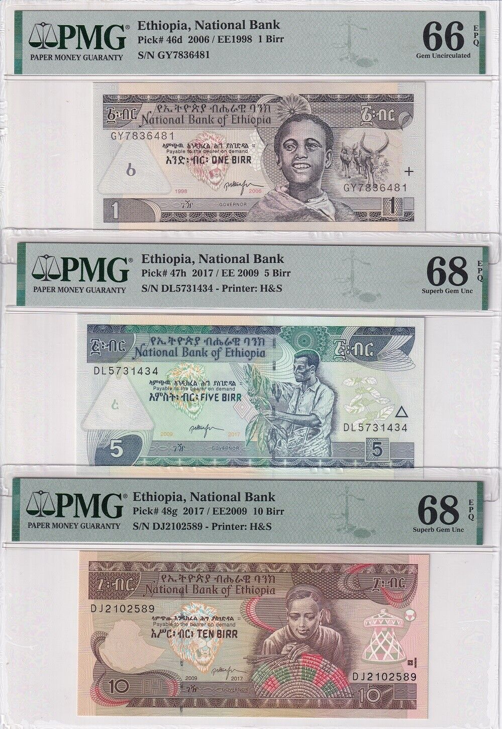 Ethiopia Set 3; 1 5 10 Birr 2009/2017 P 46 47 48 Superb Gem UNC PMG 66 68 EPQ