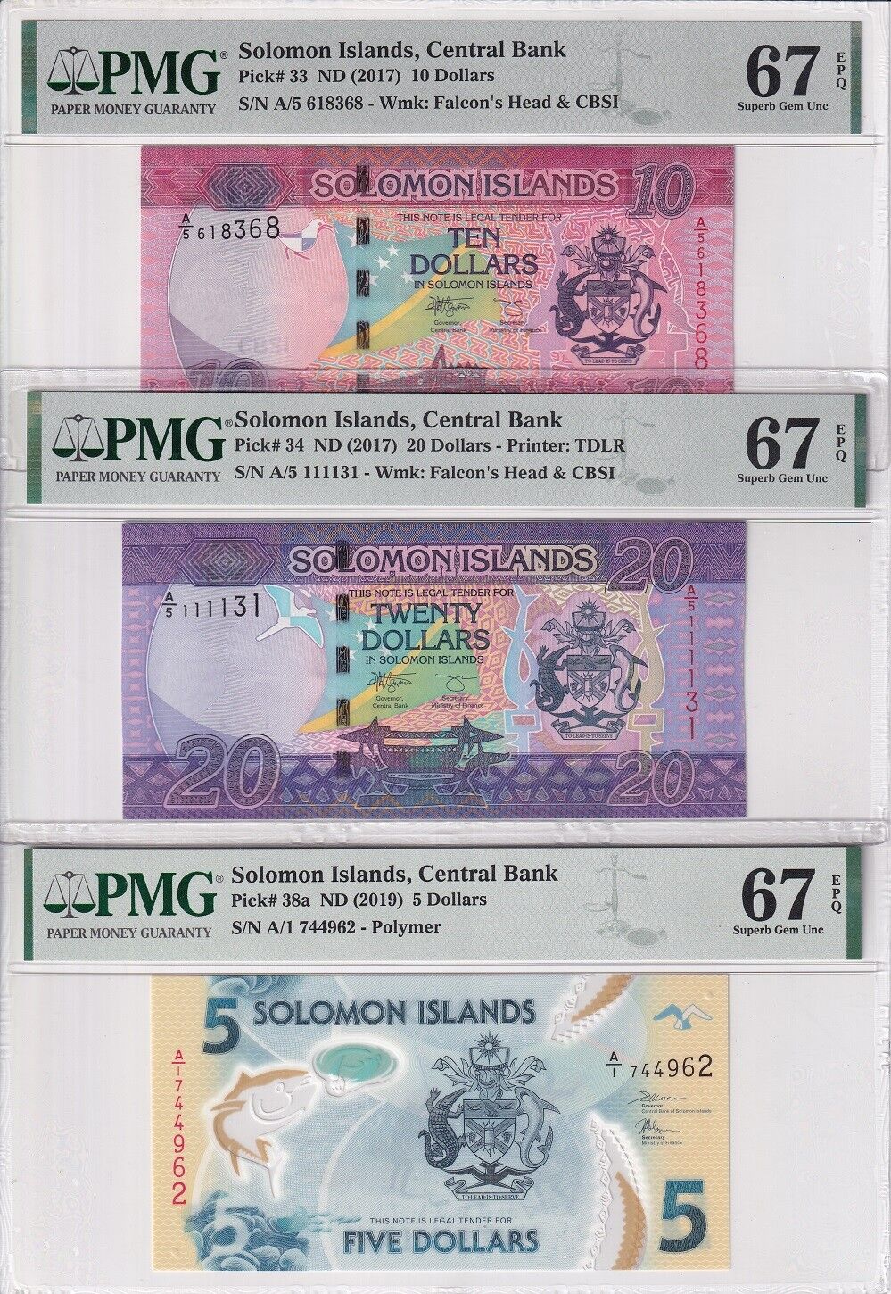 Solomon Set 3; 5 10 20 Dollars 2017-19 P 33 P 34 P 38 Superb Gem UNC PMG 67 EPQ