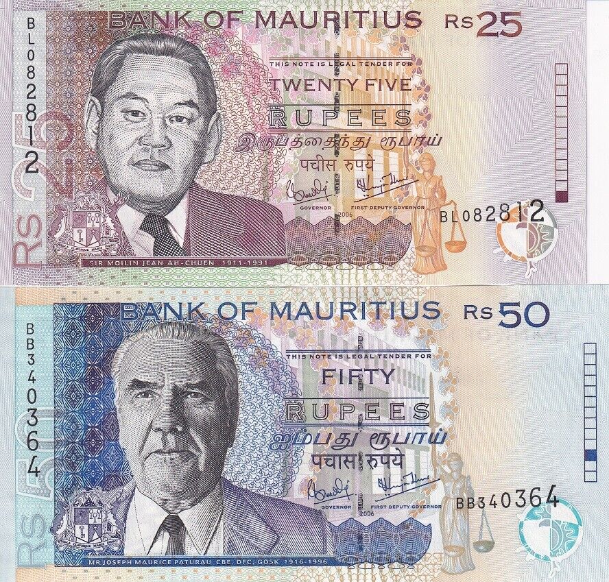 Mauritius Set 2 PCS 25 50 Rupees 2006 P 49 c P 50 c UNC