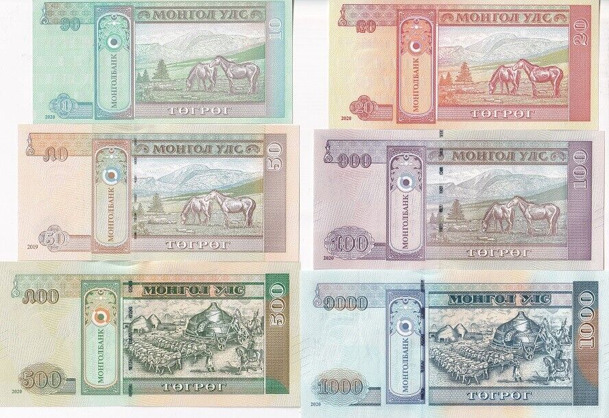 Mongolia SET 6 PCS 10 20 50 100 500 1000 TUGRIK 2018-2020 P 62 63 72-75 UNC
