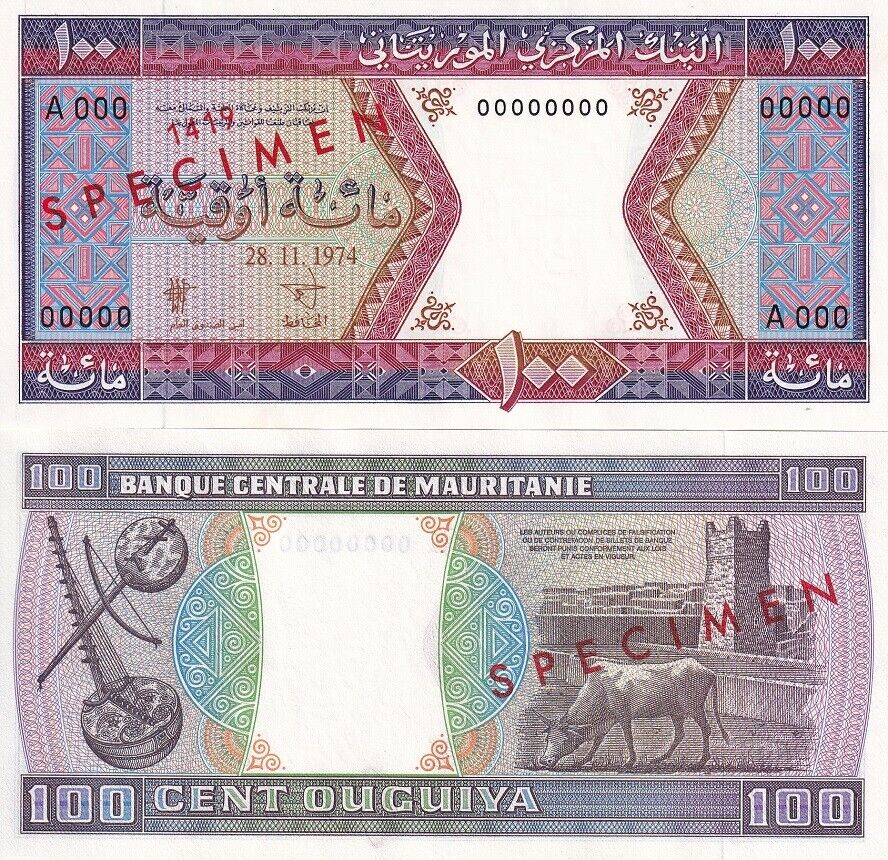 Mauritania 100 Ouguiya 1974 Specimen P 4 s UNC