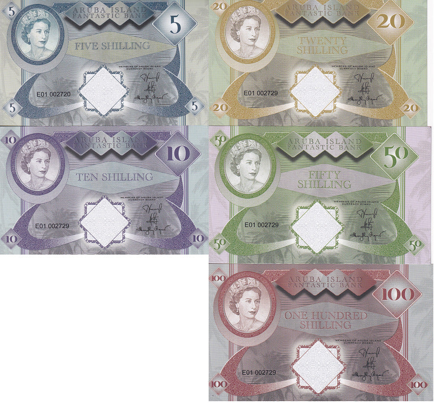 Aruba Islands Set 5 , 5 10 20 50 100 Dollars 2018 QEII Matching number FANTASY