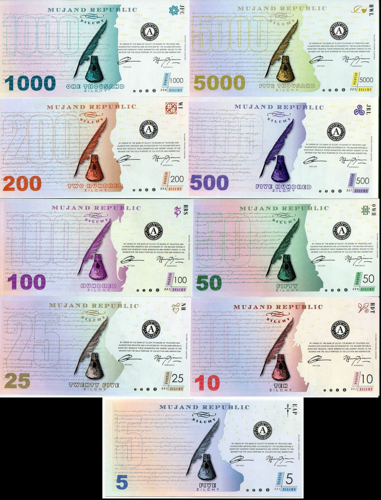 Mujand Replubic Set 9 Pcs 5 10 25 50 100 200 500 1000 5000 Zilchy 2013 UNC