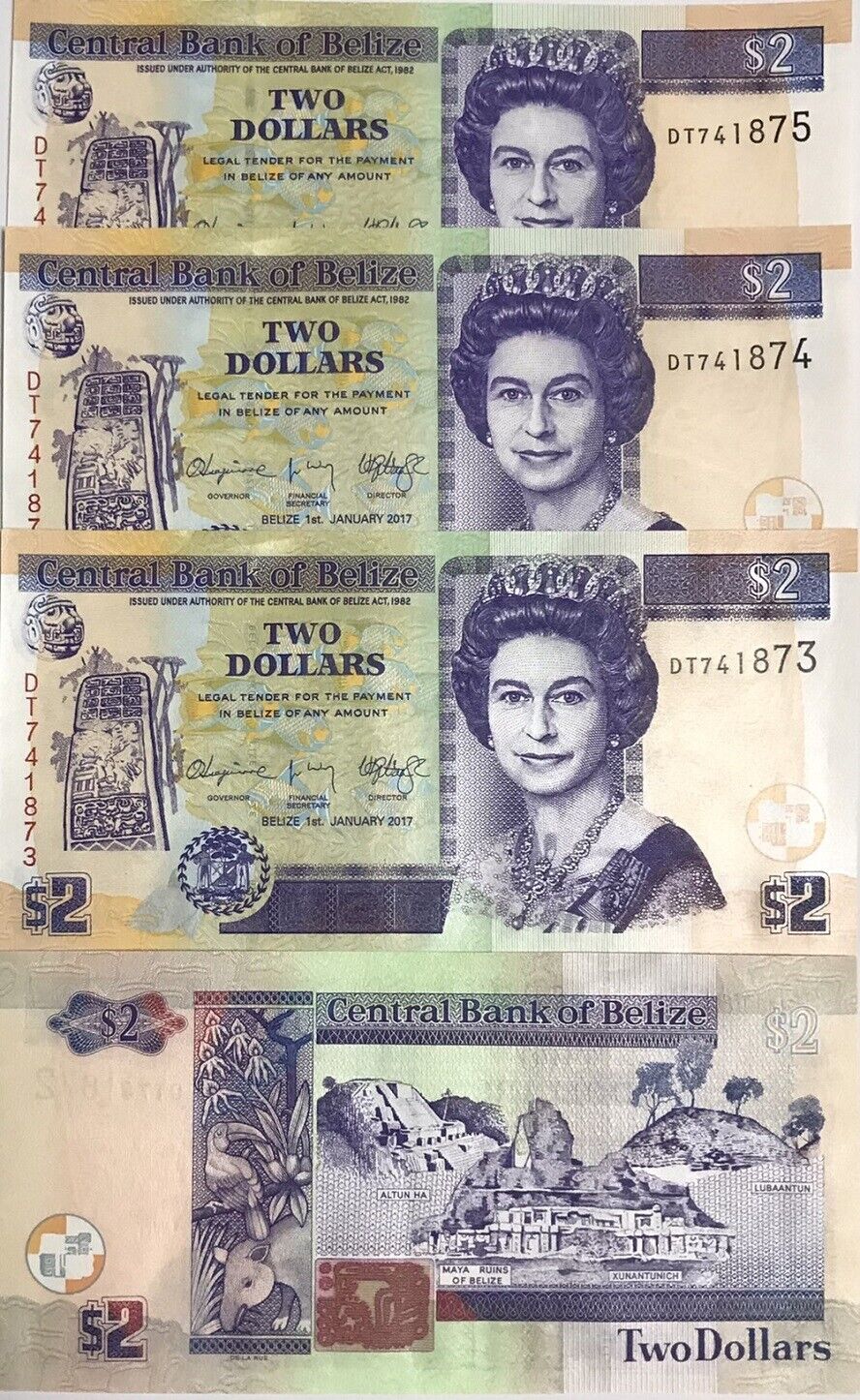 Belize 2 Dollars 2017 P 66 UNC LOT 3 PCS