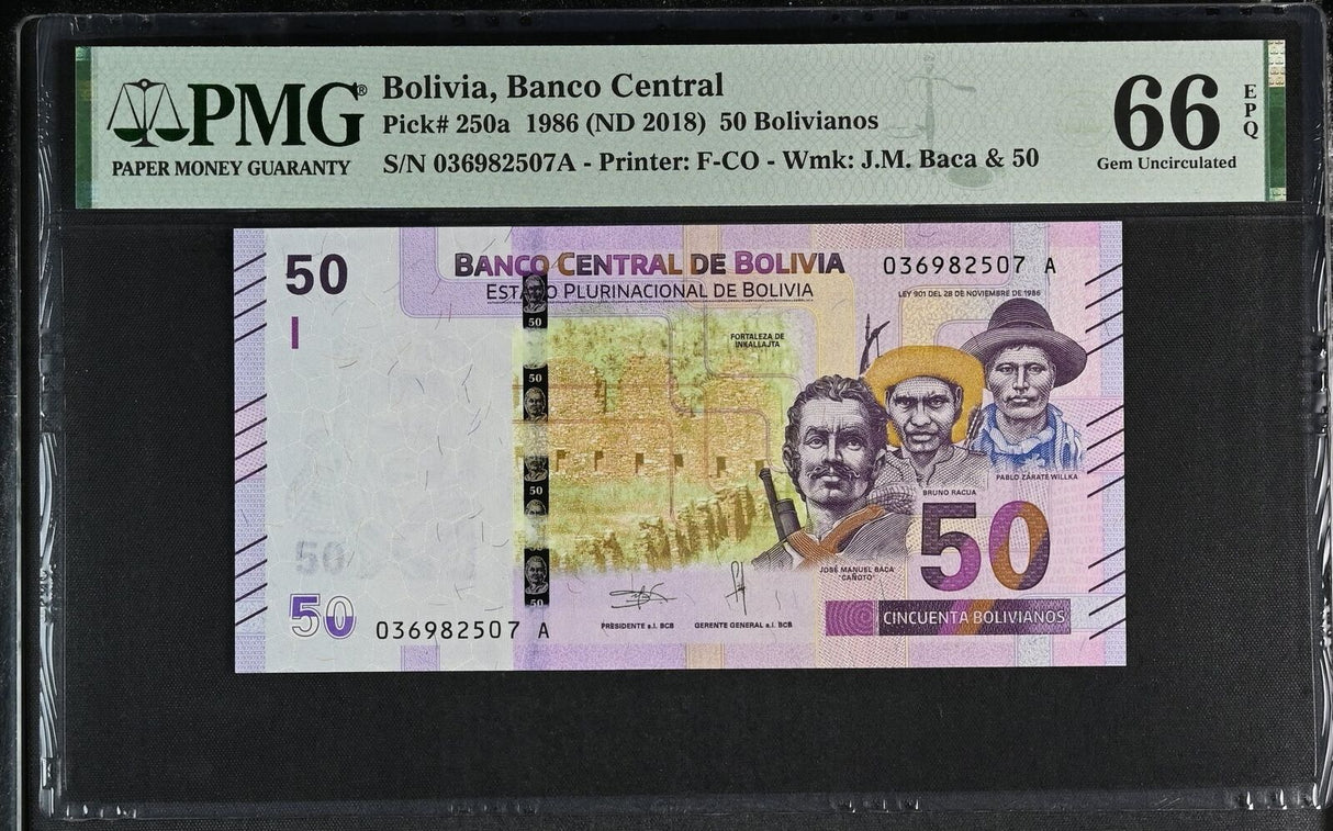 Bolivia 50 Bolivianos 1986 ND 2018 P 250 a Gem UNC PMG 66 EPQ