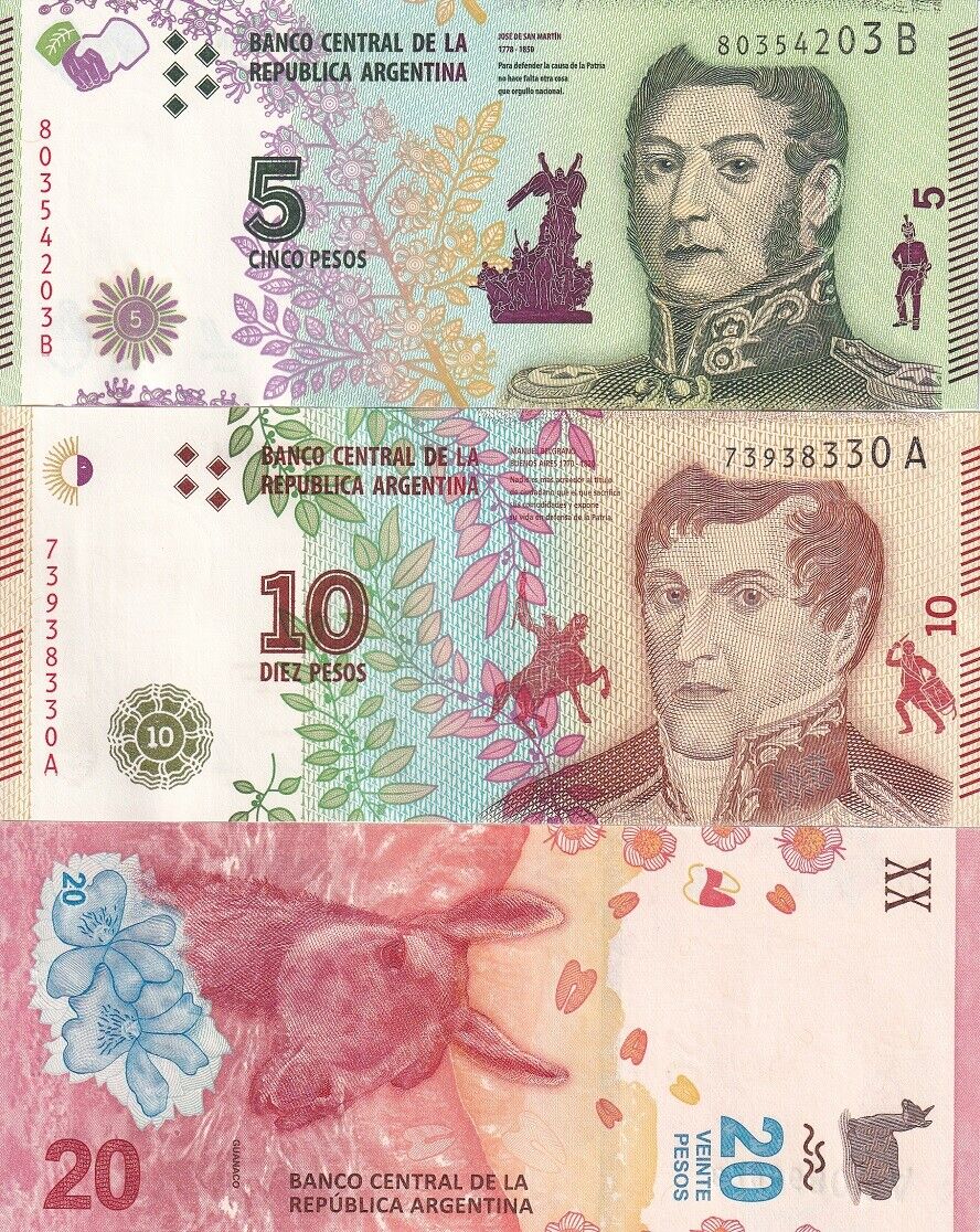 Argentina Set 3 Pcs 5 10 20 Pesos ND 2015-2017 P 359 P 360 P 361 UNC