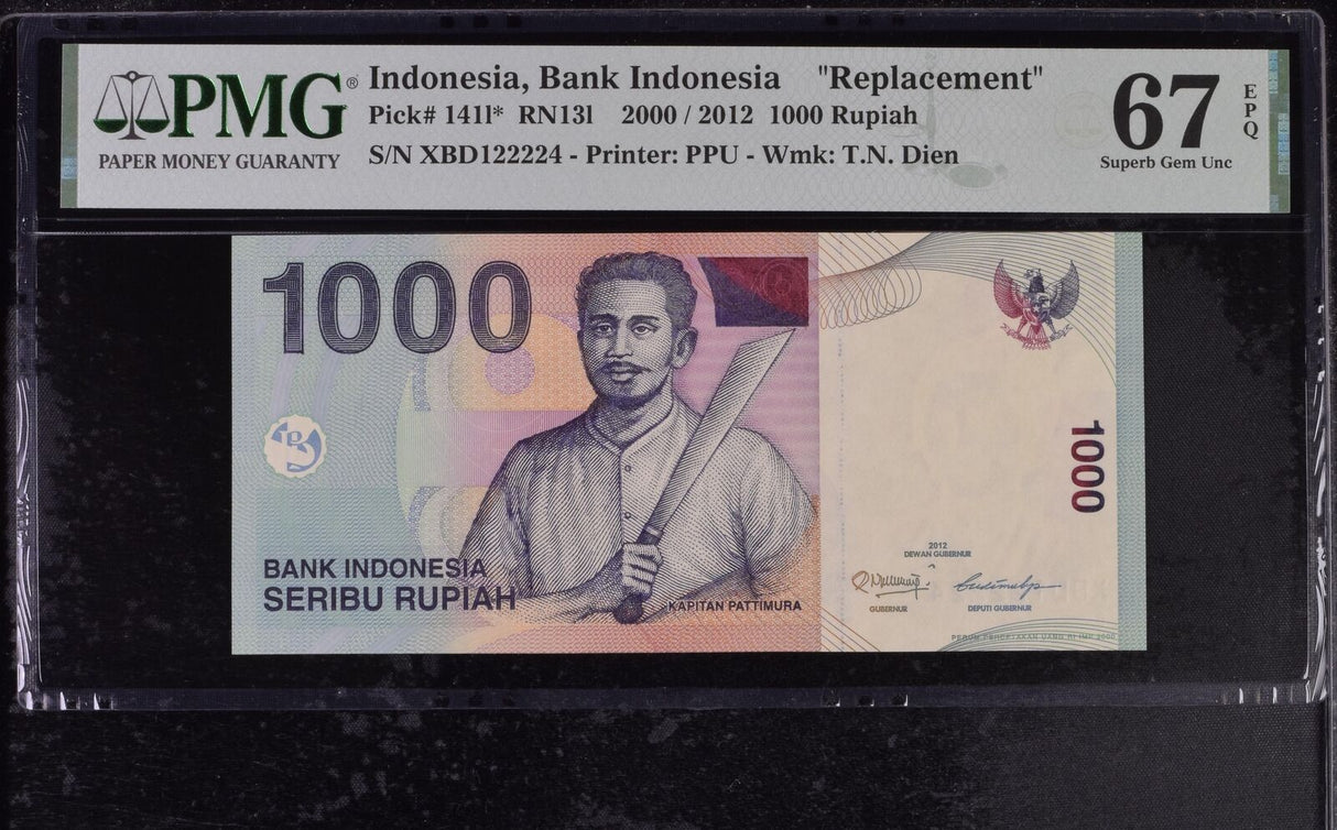 Indonesia 1000 Rupiah 2000/2012 P 141 l* Replacement Superb Gem UNC PMG 67 EPQ