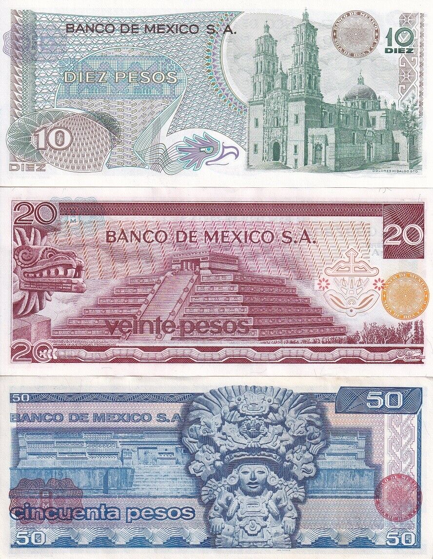 Mexico set 3 Pcs 10 20 50 Pesos Random Year P 63 P 64 P 67 UNC