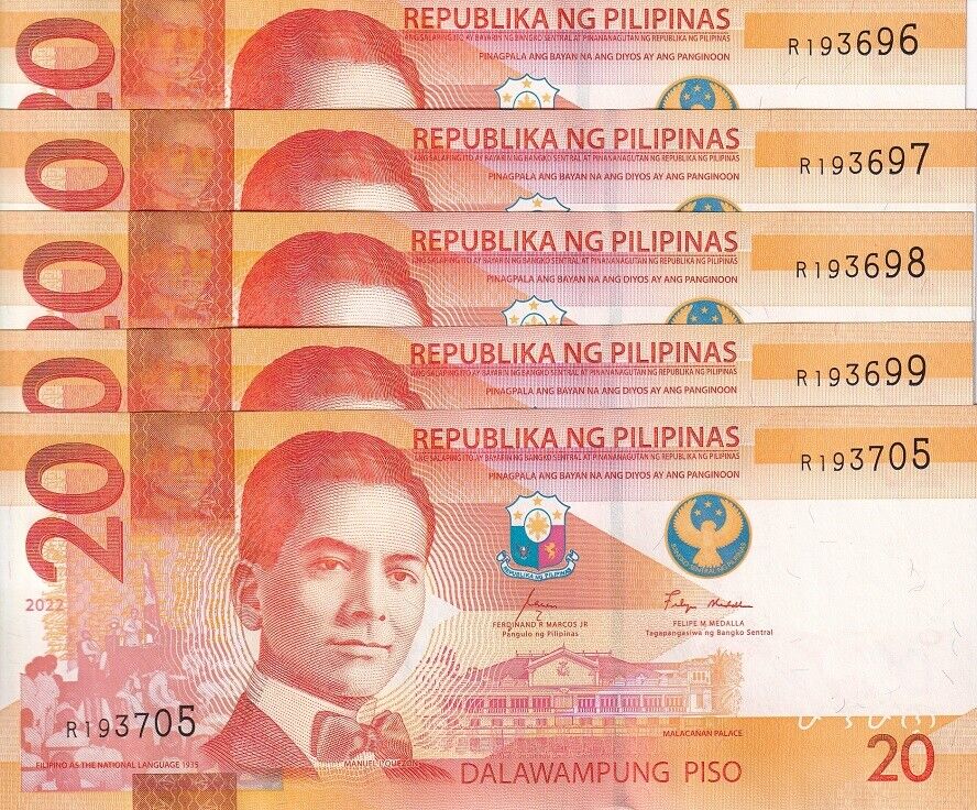 Philippines 20 Pesos 2022 P 230 UNC LOT 5 PCS