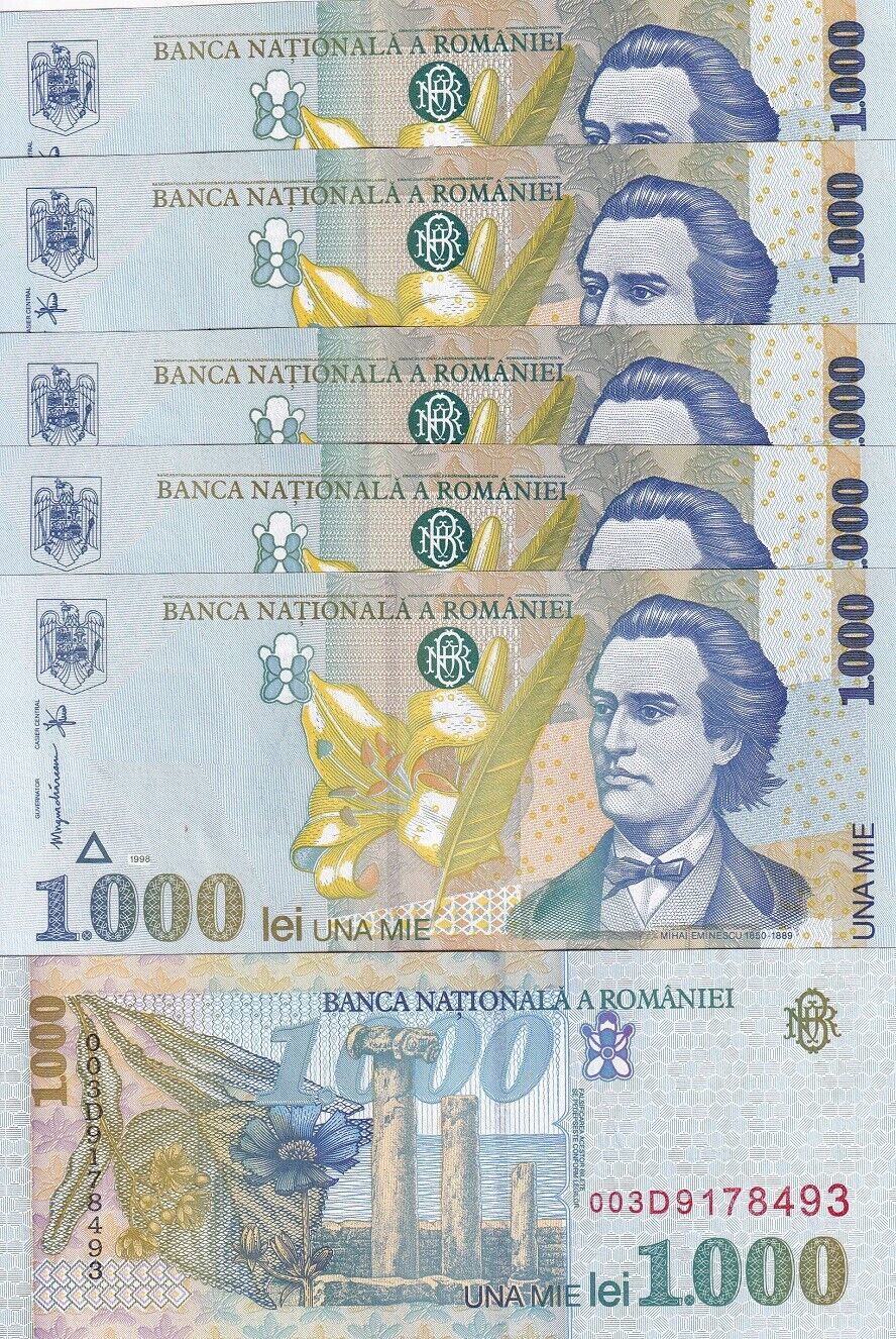 Romania 1000 Lei 1998 P 106 UNC LOT 5 PCS