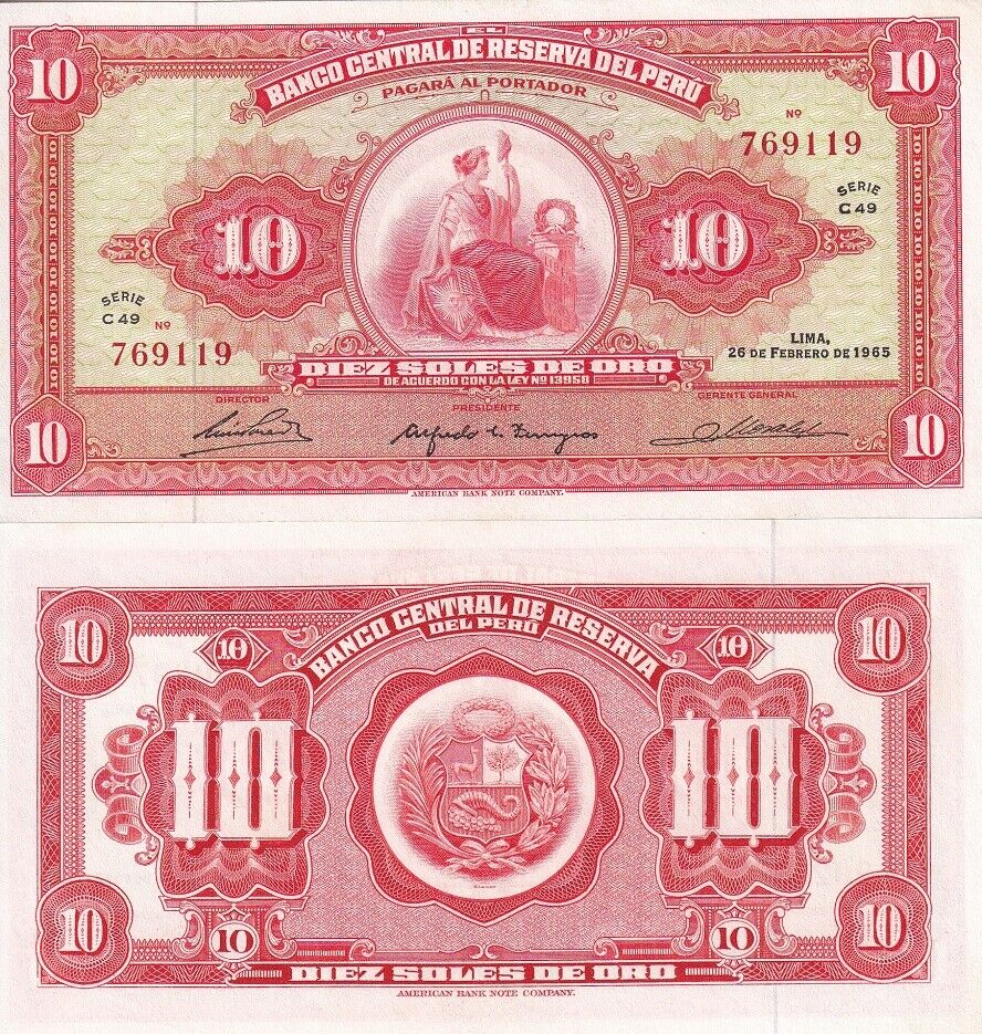 Peru 10 Soles De Oro 1965 P 88 AUnc