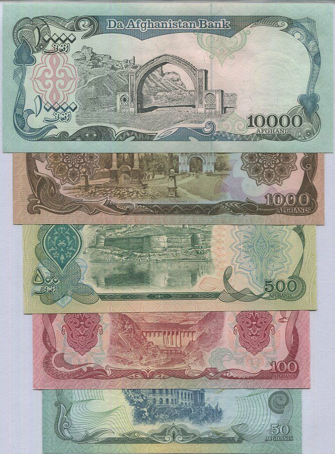 Afghanistan Set 5 PCS 50 100 500 1000 10000 Afghanis P 57 58 60 61 63 UNC